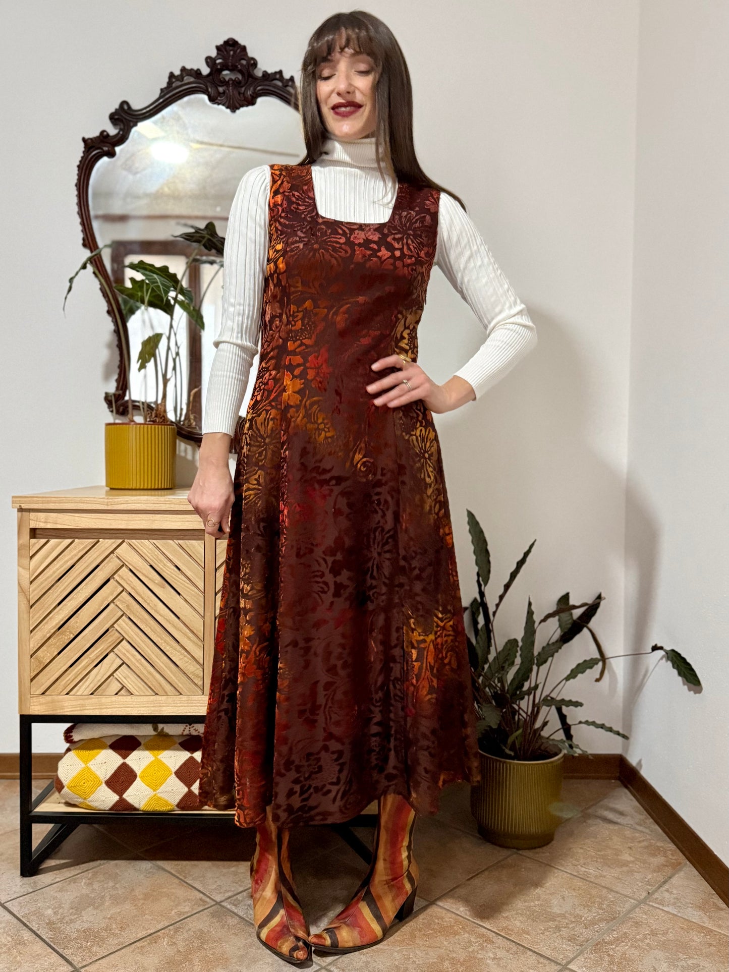 1970's vintage chocolate brown and burnt orange silk floral velvet burnout maxi dress