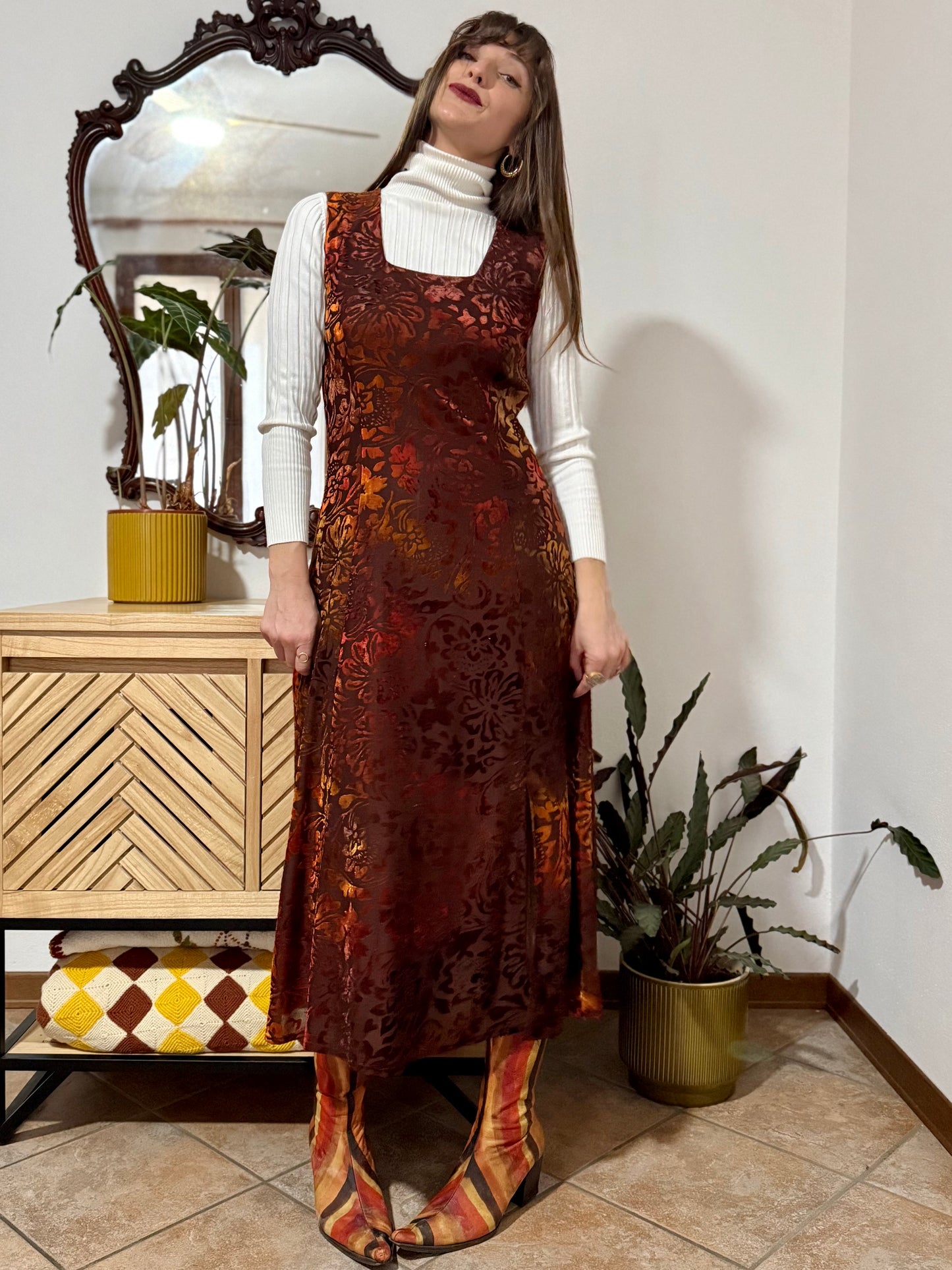 1970's vintage chocolate brown and burnt orange silk floral velvet burnout maxi dress