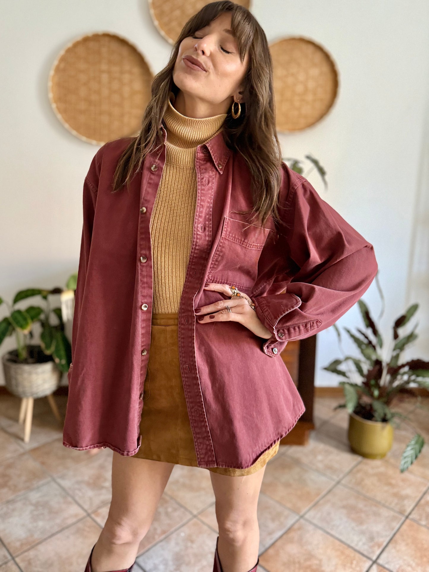 1990's vintage oversize burgundy denim shirt