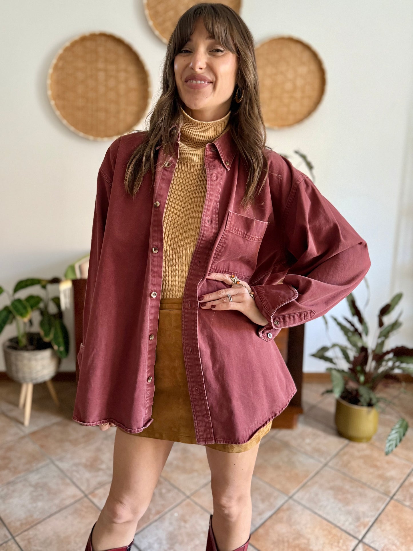 1990's vintage oversize burgundy denim shirt