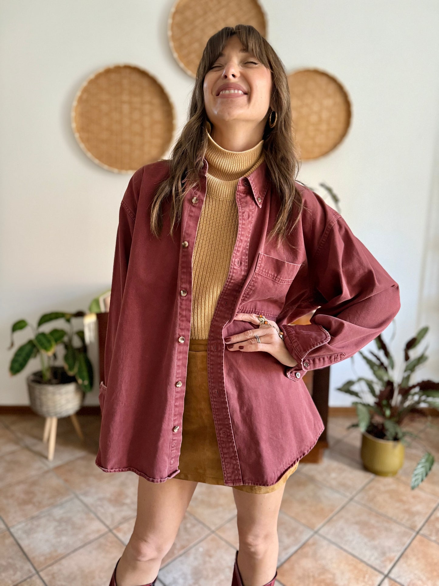 1990's vintage oversize burgundy denim shirt