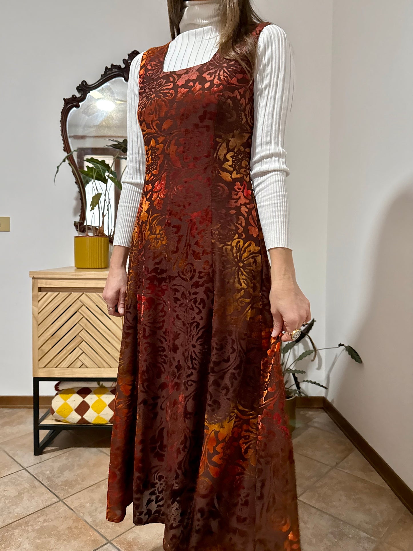 1970's vintage chocolate brown and burnt orange silk floral velvet burnout maxi dress