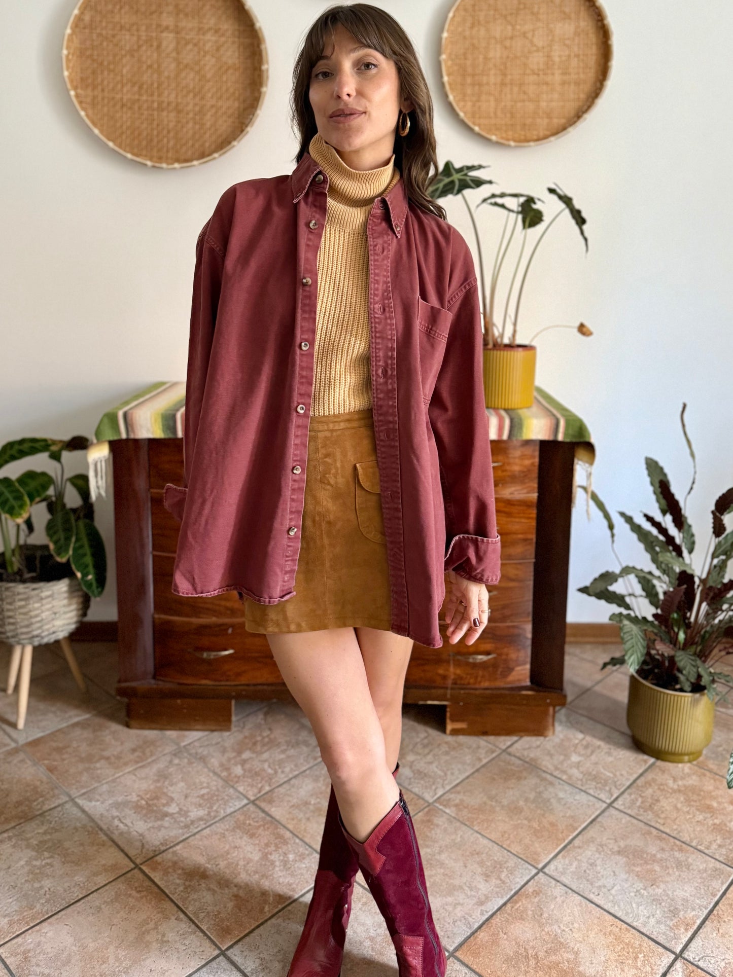 1990's vintage oversize burgundy denim shirt