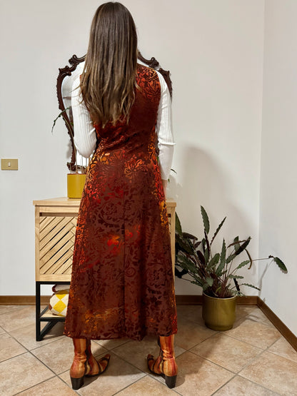 1970's vintage chocolate brown and burnt orange silk floral velvet burnout maxi dress