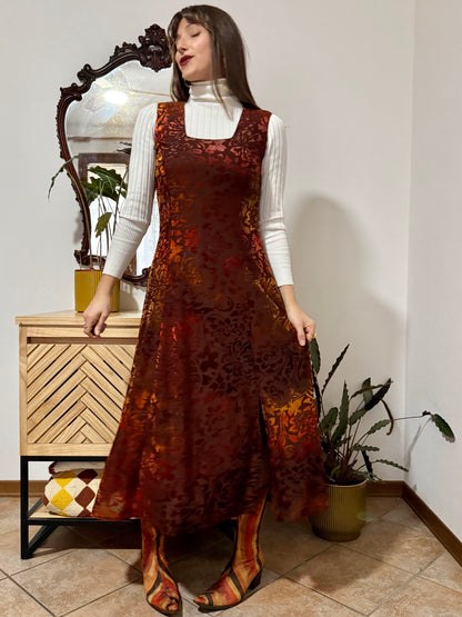 1970's vintage chocolate brown and burnt orange silk floral velvet burnout maxi dress