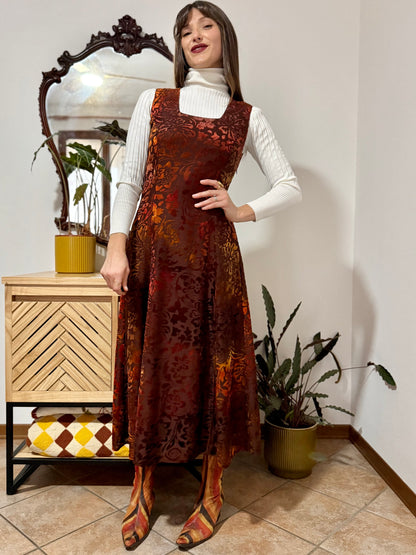 1970's vintage chocolate brown and burnt orange silk floral velvet burnout maxi dress