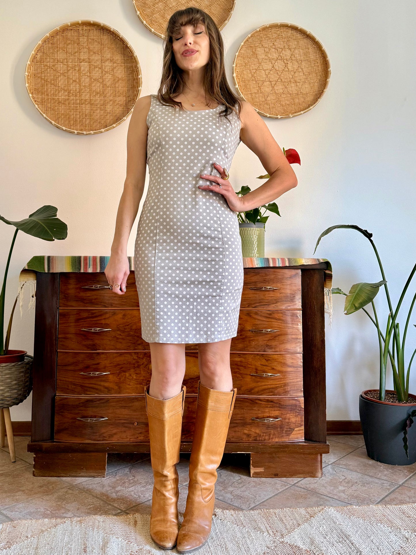 1990's vintage beige and white tailored polka dot dress