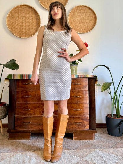 1990's vintage beige and white tailored polka dot dress