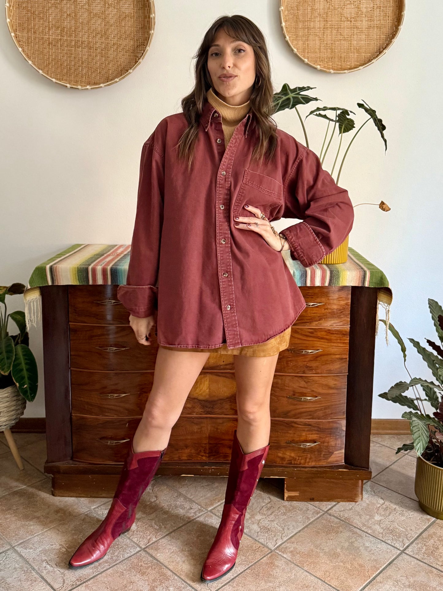1990's vintage oversize burgundy denim shirt
