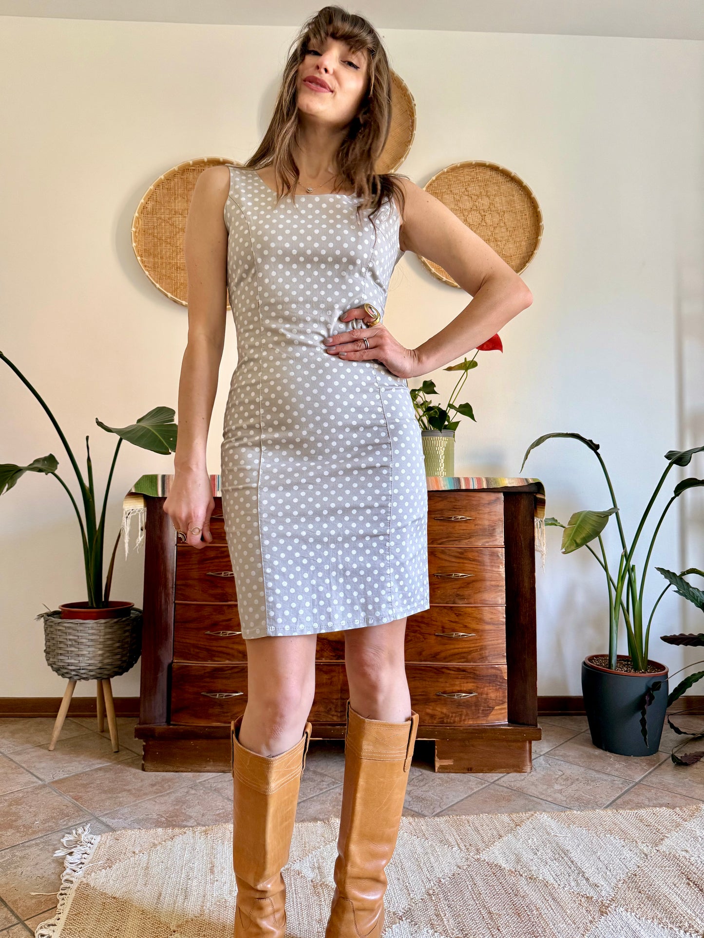 1990's vintage beige and white tailored polka dot dress
