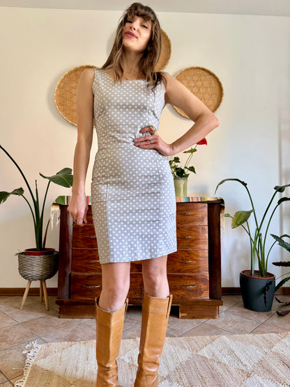 1990's vintage beige and white tailored polka dot dress