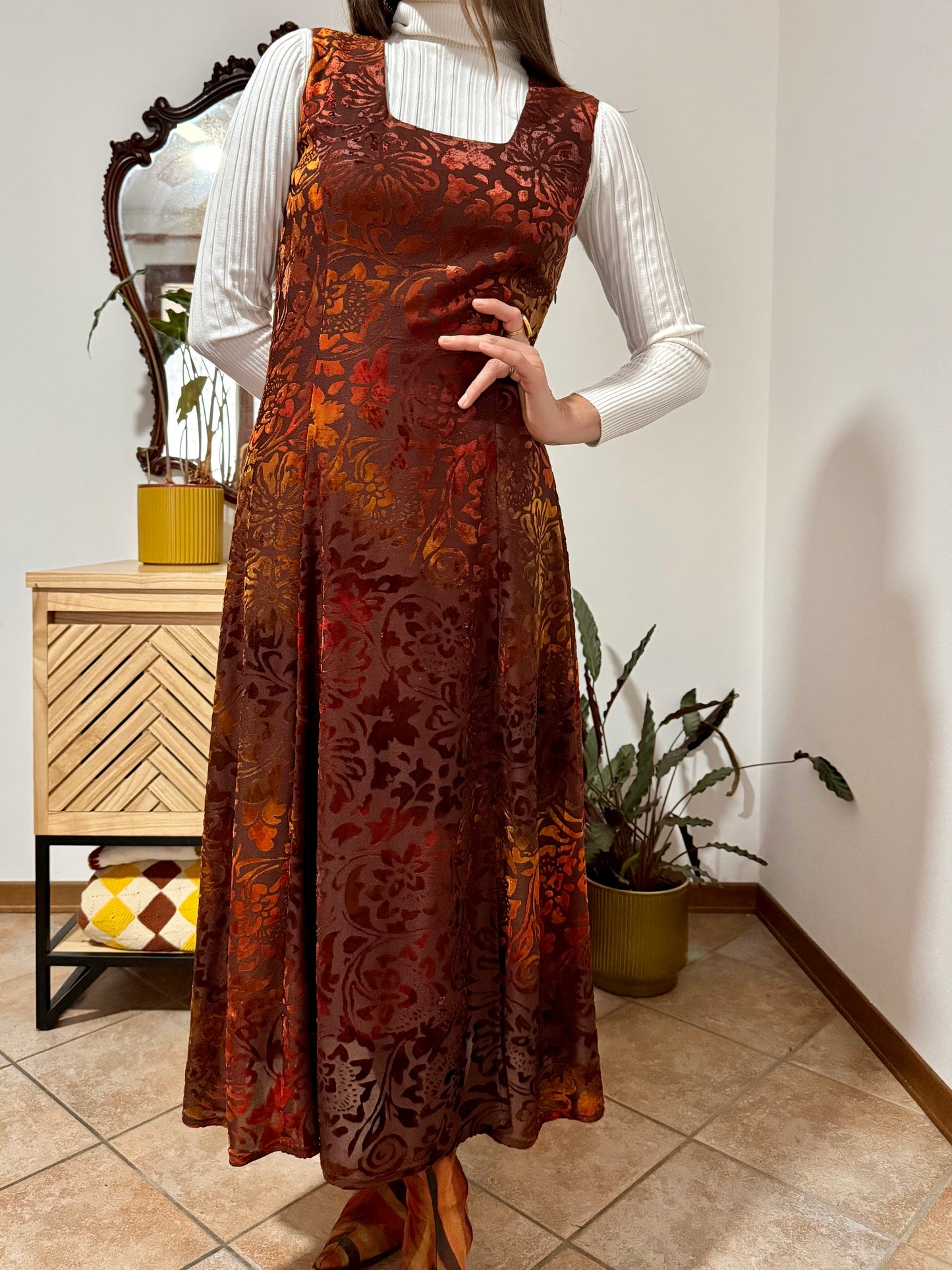 1970's vintage chocolate brown and burnt orange silk floral velvet burnout maxi dress