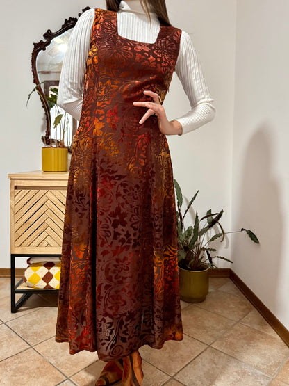 1970's vintage chocolate brown and burnt orange silk floral velvet burnout maxi dress