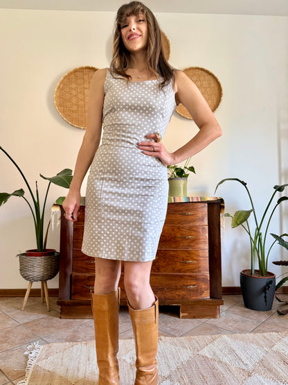 1990's vintage beige and white tailored polka dot dress