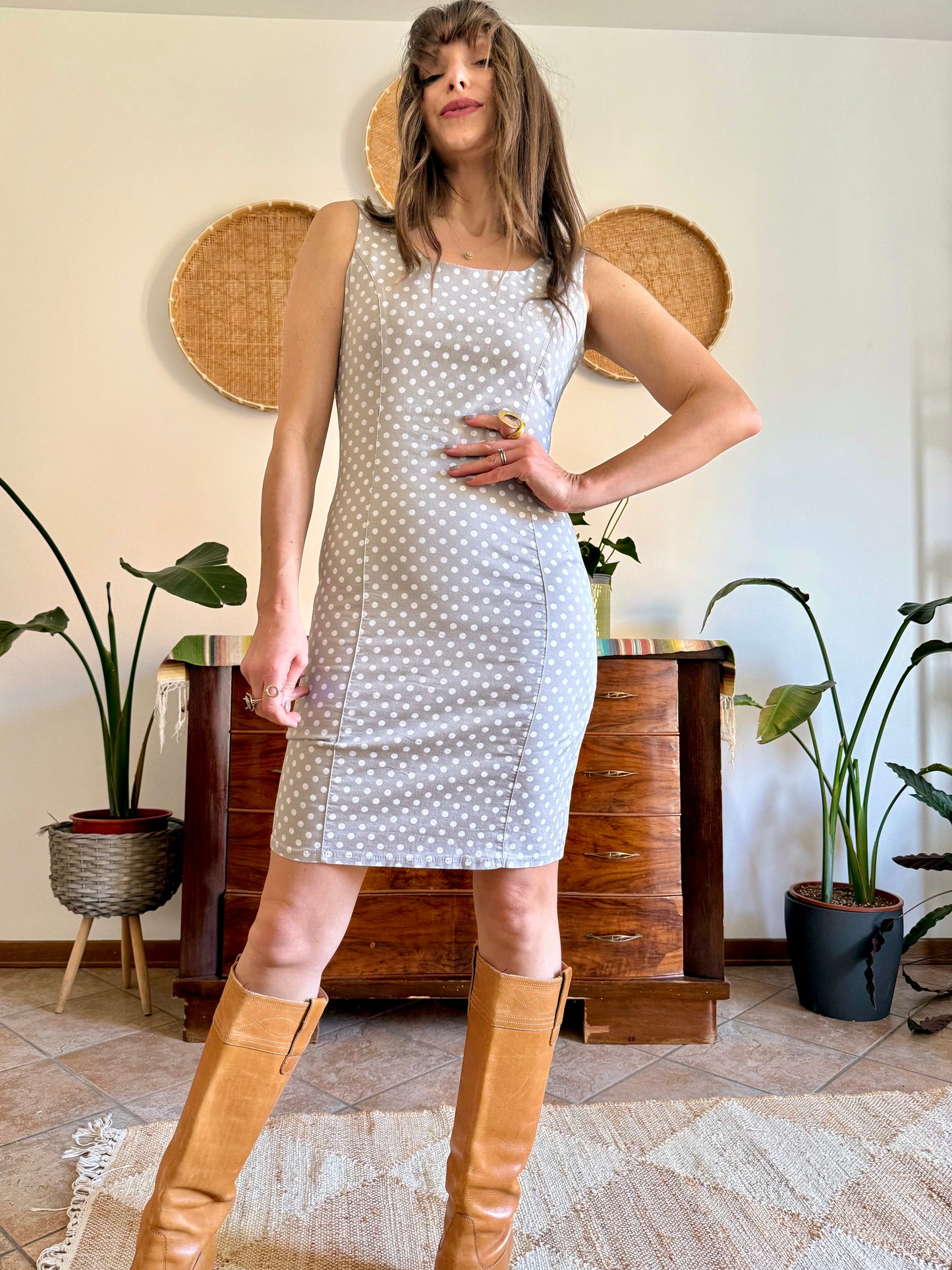 1990's vintage beige and white tailored polka dot dress