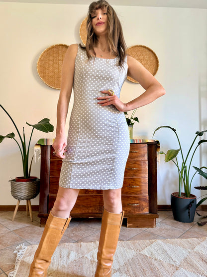 1990's vintage beige and white tailored polka dot dress