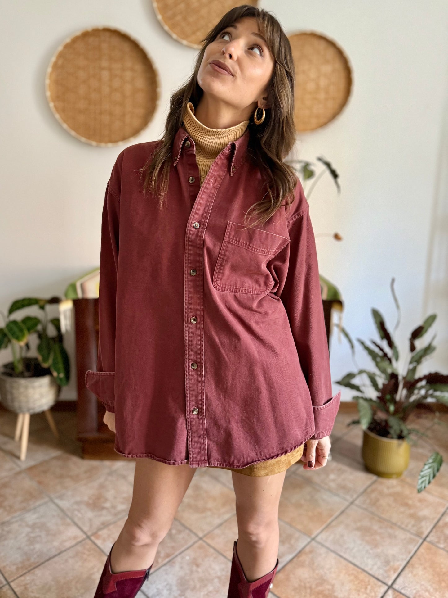 1990's vintage oversize burgundy denim shirt
