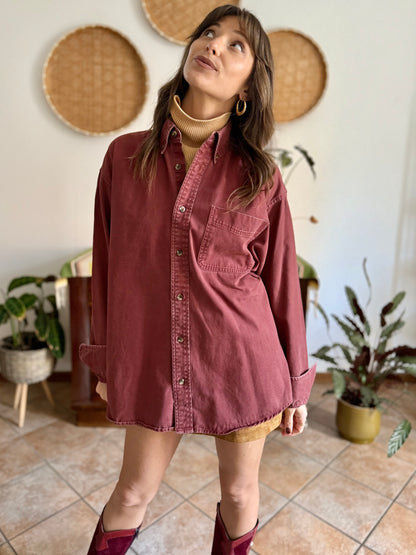 1990's vintage oversize burgundy denim shirt