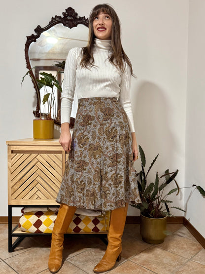 1970's vintage grey, khaki and orange paisley print midi skirt