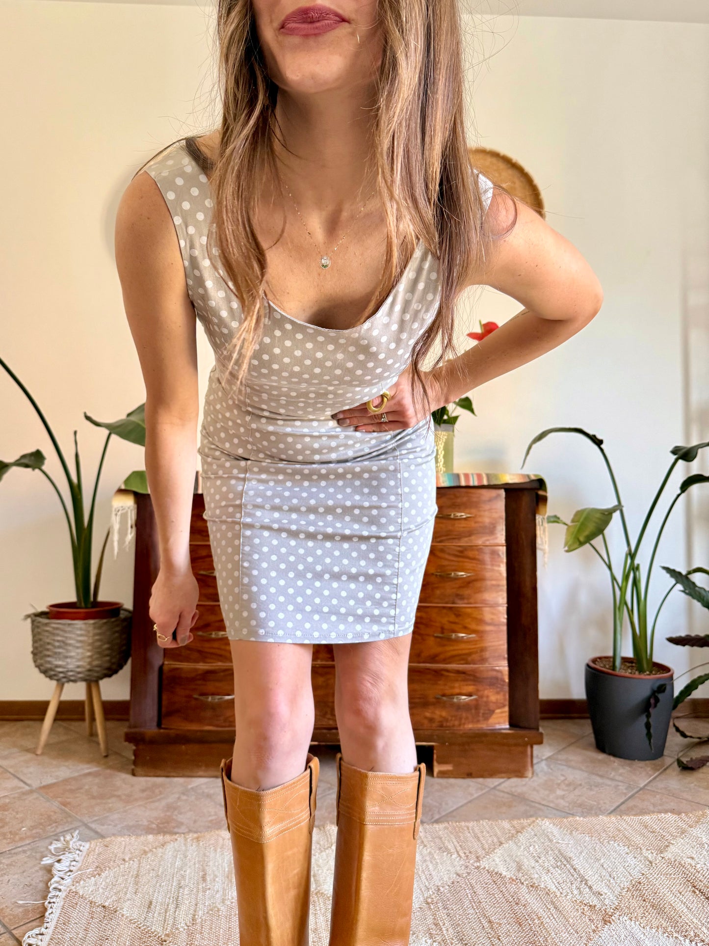 1990's vintage beige and white tailored polka dot dress