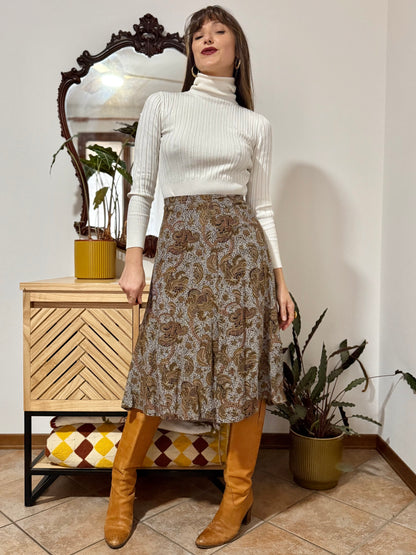 1970's vintage grey, khaki and orange paisley print midi skirt