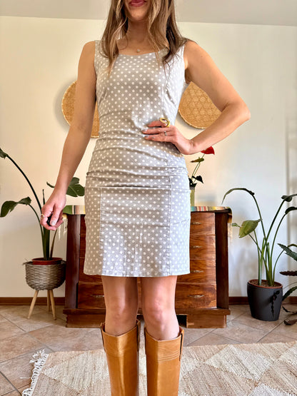 1990's vintage beige and white tailored polka dot dress