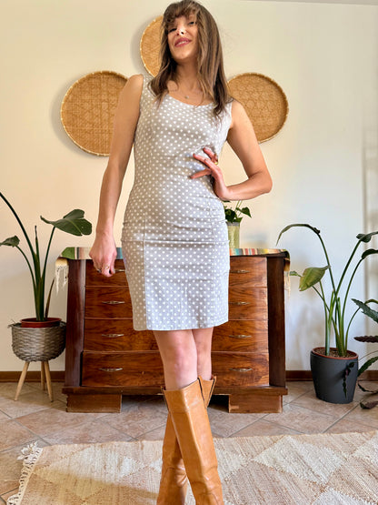 1990's vintage beige and white tailored polka dot dress