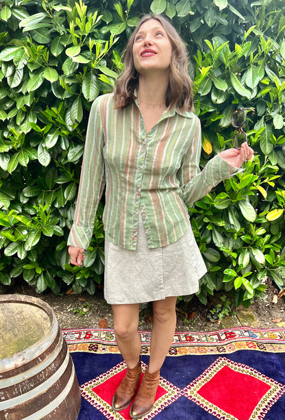 1970's vintage green and beige semi sheer textured stripe blouse