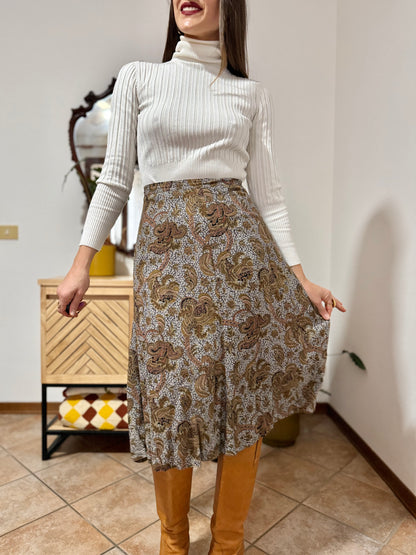 1970's vintage grey, khaki and orange paisley print midi skirt