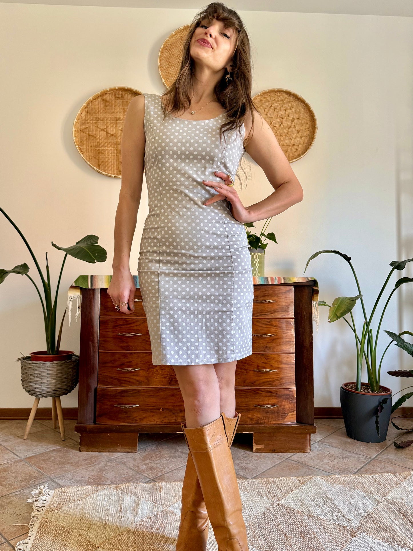 1990's vintage beige and white tailored polka dot dress