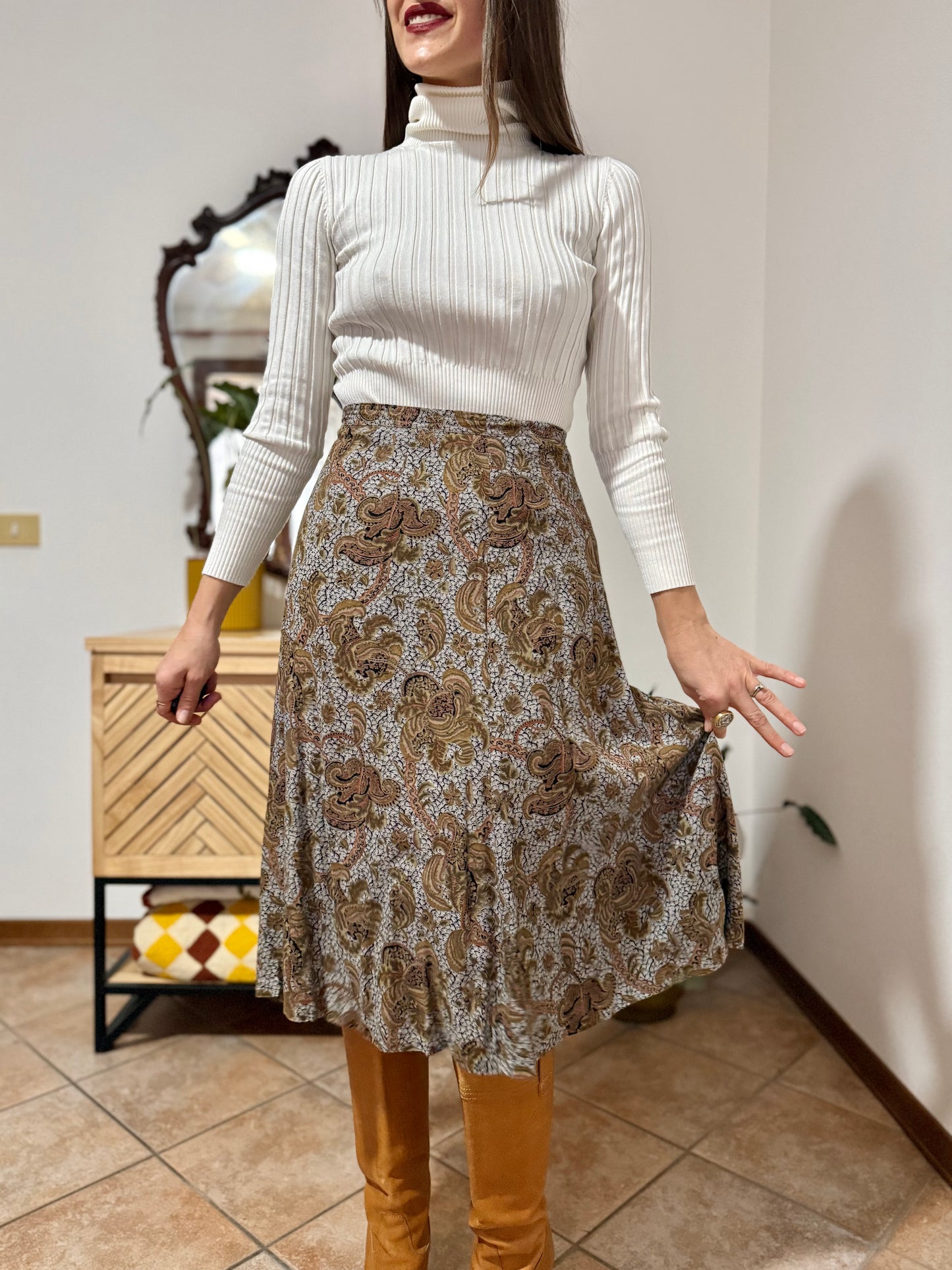 1970's vintage grey, khaki and orange paisley print midi skirt
