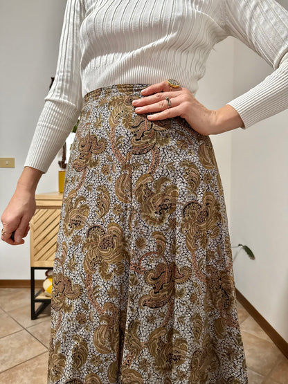 1970's vintage grey, khaki and orange paisley print midi skirt