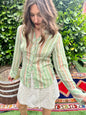 1970's vintage green and beige semi sheer textured stripe blouse