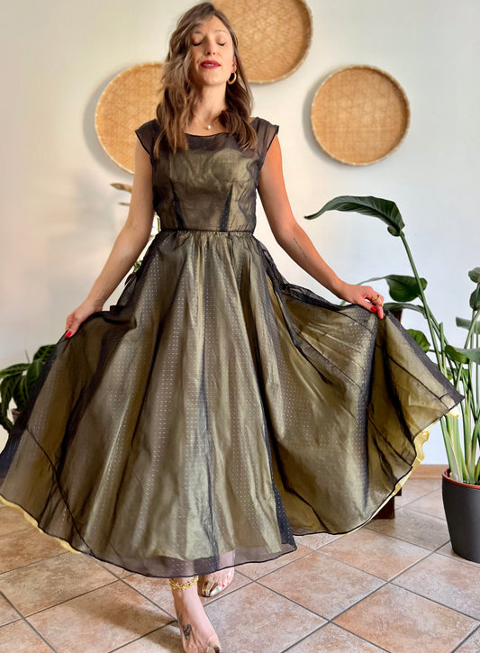 1950's custom made butter yellow and black tulle midi dress