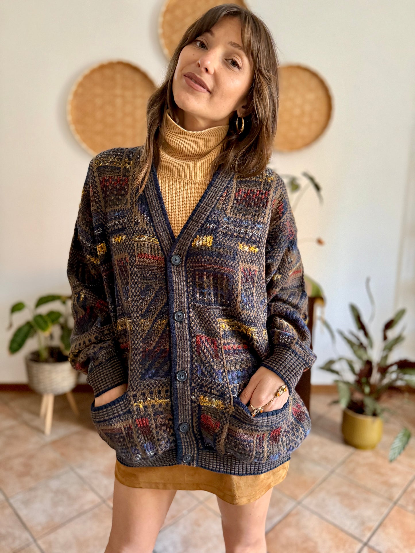 1970's vintage navy blue, chocolate brown and yellow geometric knit wool cardigan