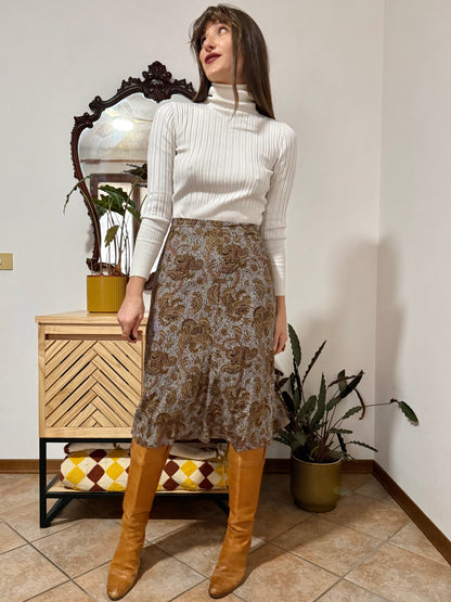 1970's vintage grey, khaki and orange paisley print midi skirt