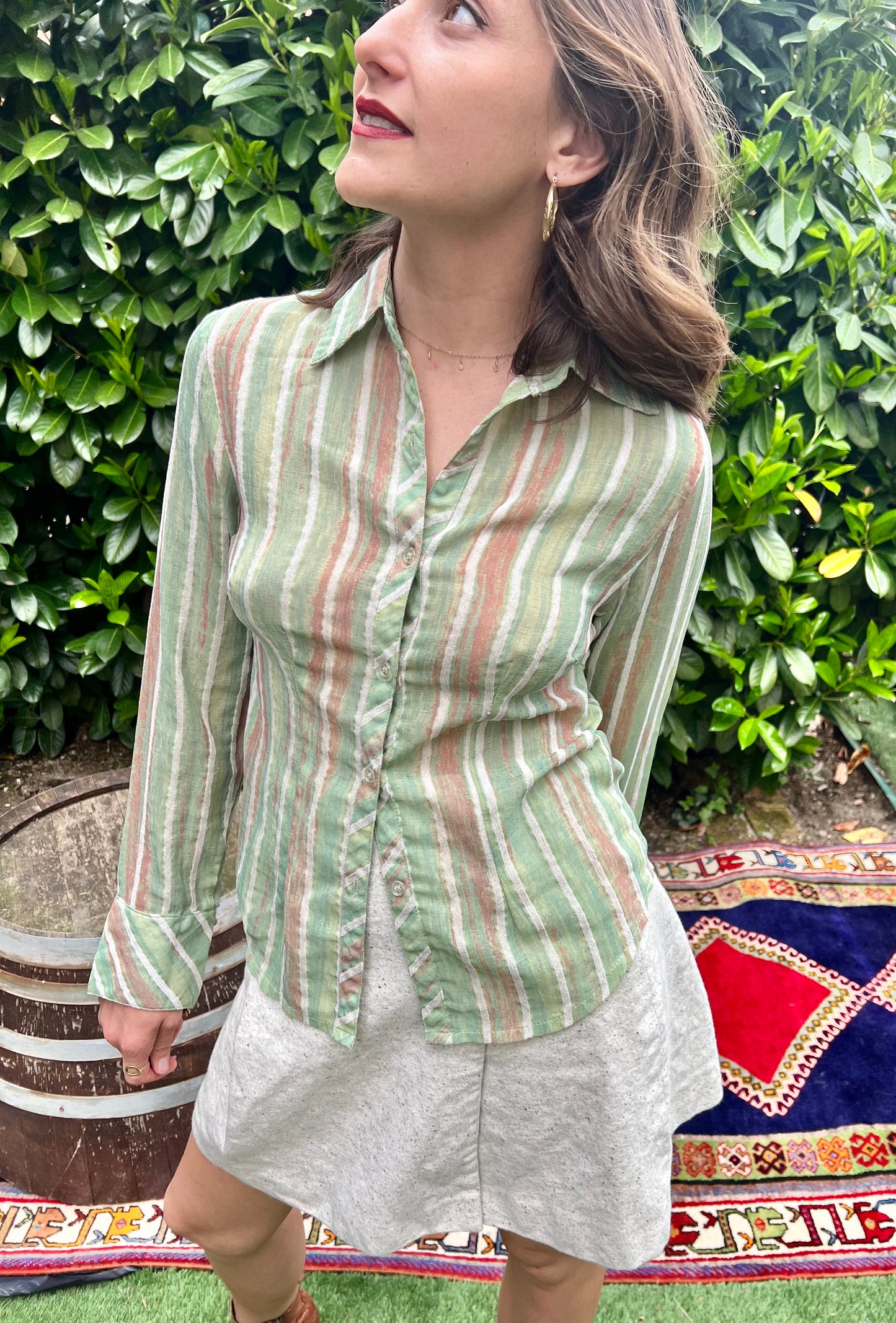 1970's vintage green and beige semi sheer textured stripe blouse