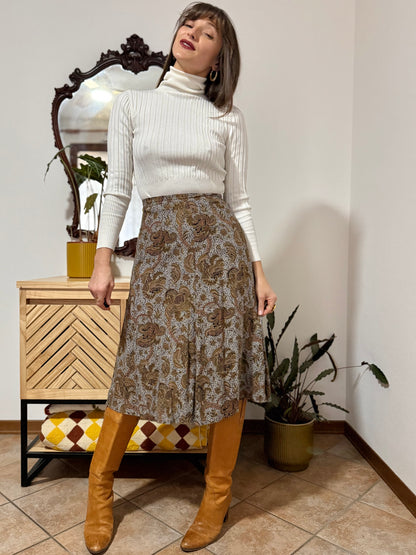 1970's vintage grey, khaki and orange paisley print midi skirt
