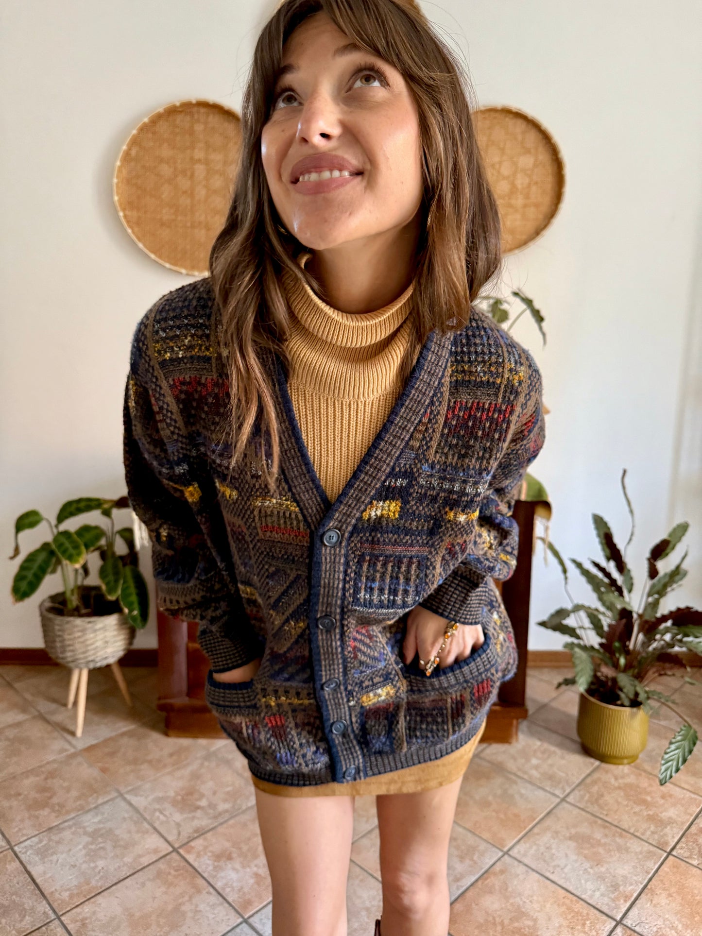 1970's vintage navy blue, chocolate brown and yellow geometric knit wool cardigan