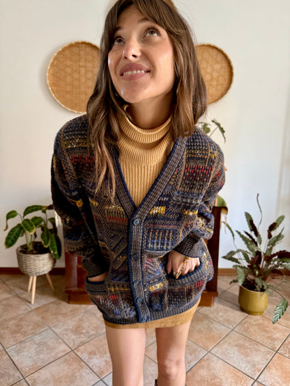 1970's vintage navy blue, chocolate brown and yellow geometric knit wool cardigan