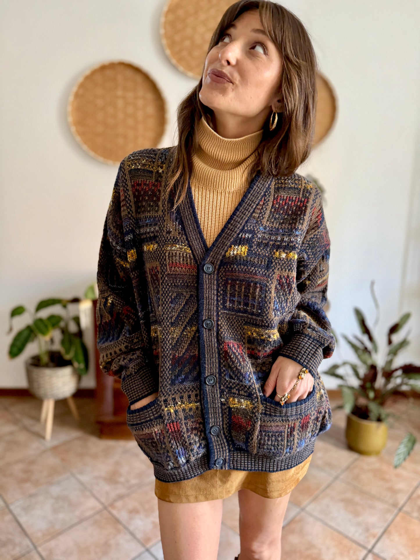 1970's vintage navy blue, chocolate brown and yellow geometric knit wool cardigan