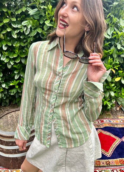 1970's vintage green and beige semi sheer textured stripe blouse