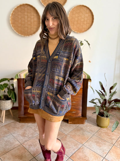 1970's vintage navy blue, chocolate brown and yellow geometric knit wool cardigan
