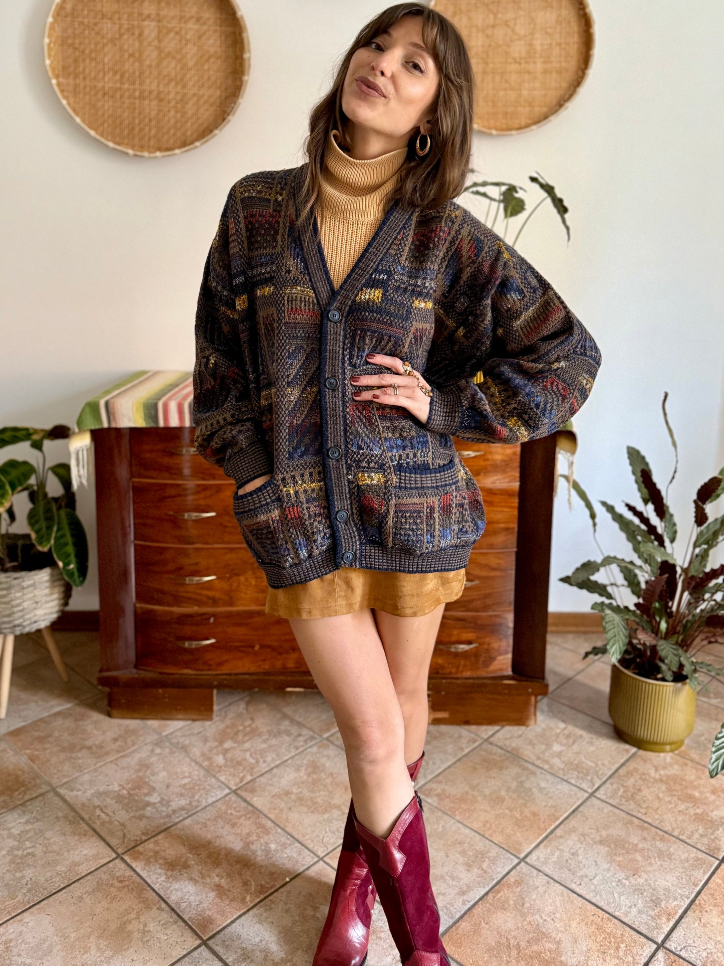 1970's vintage navy blue, chocolate brown and yellow geometric knit wool cardigan