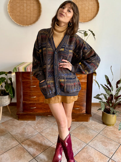1970's vintage navy blue, chocolate brown and yellow geometric knit wool cardigan