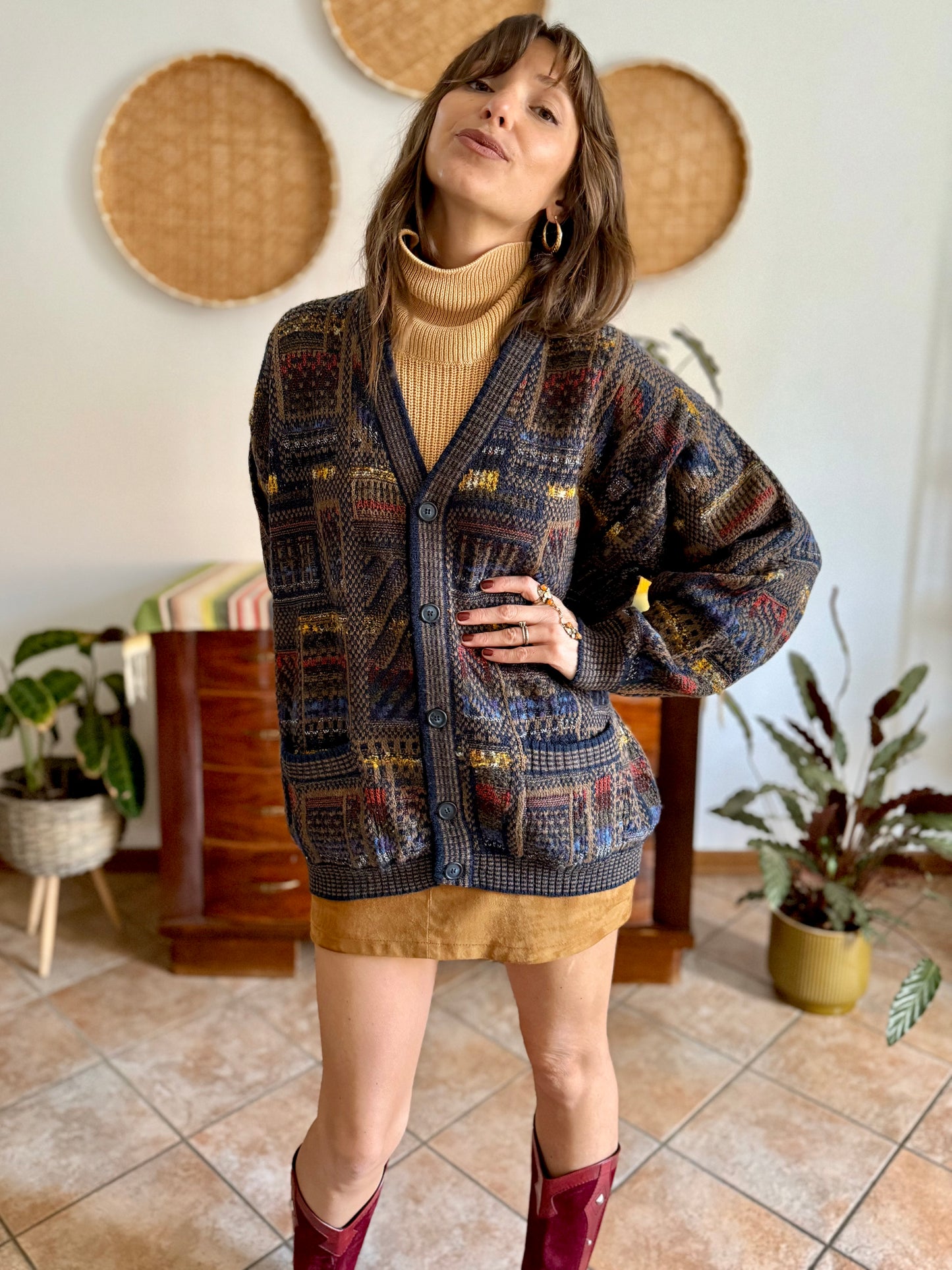 1970's vintage navy blue, chocolate brown and yellow geometric knit wool cardigan