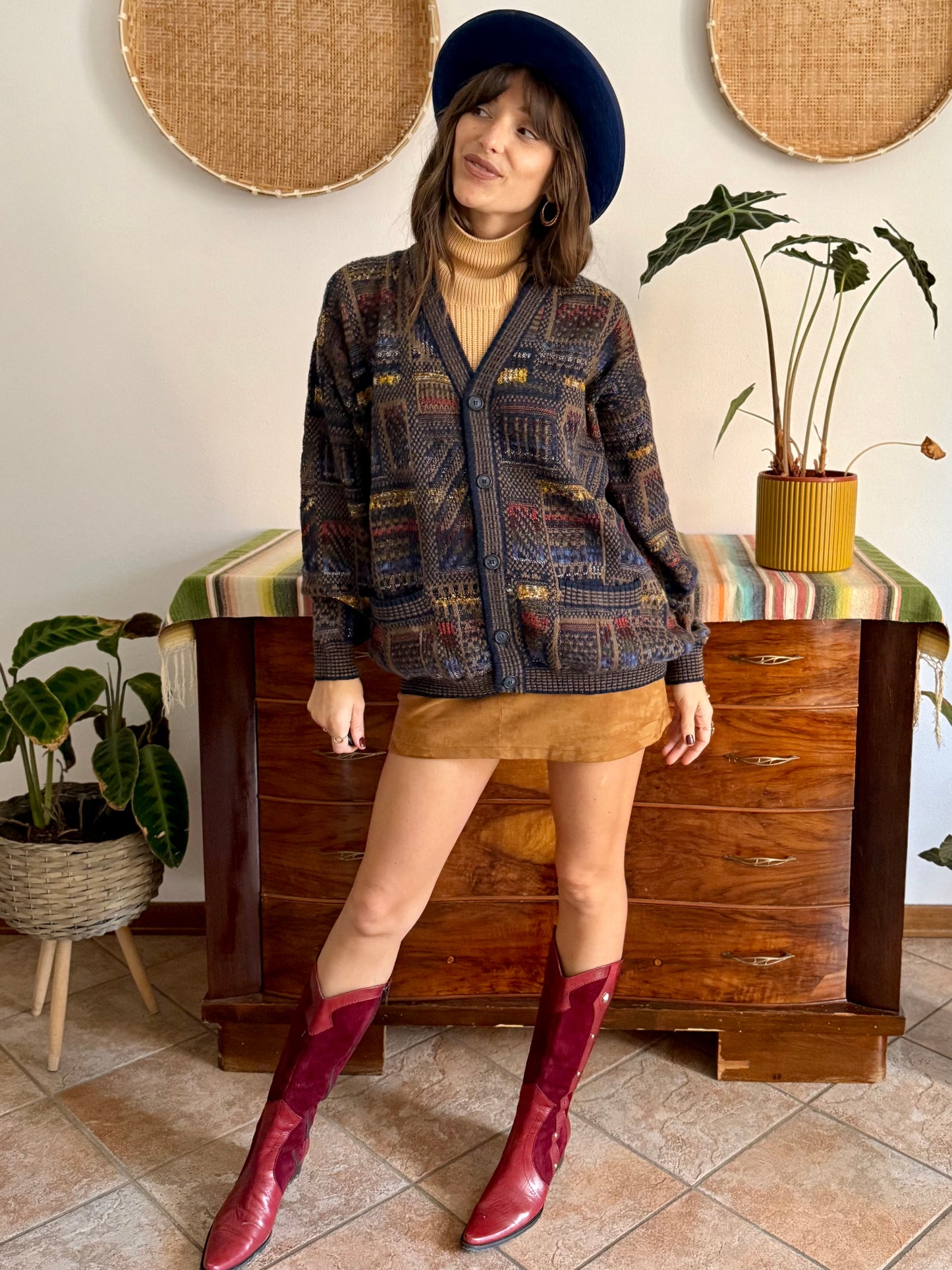 1970's vintage navy blue, chocolate brown and yellow geometric knit wool cardigan