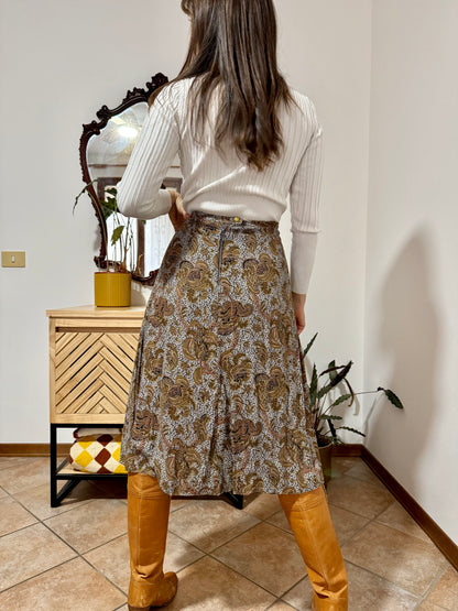 1970's vintage grey, khaki and orange paisley print midi skirt
