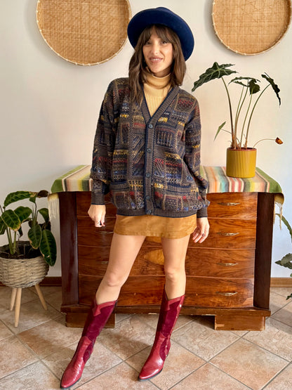 1970's vintage navy blue, chocolate brown and yellow geometric knit wool cardigan