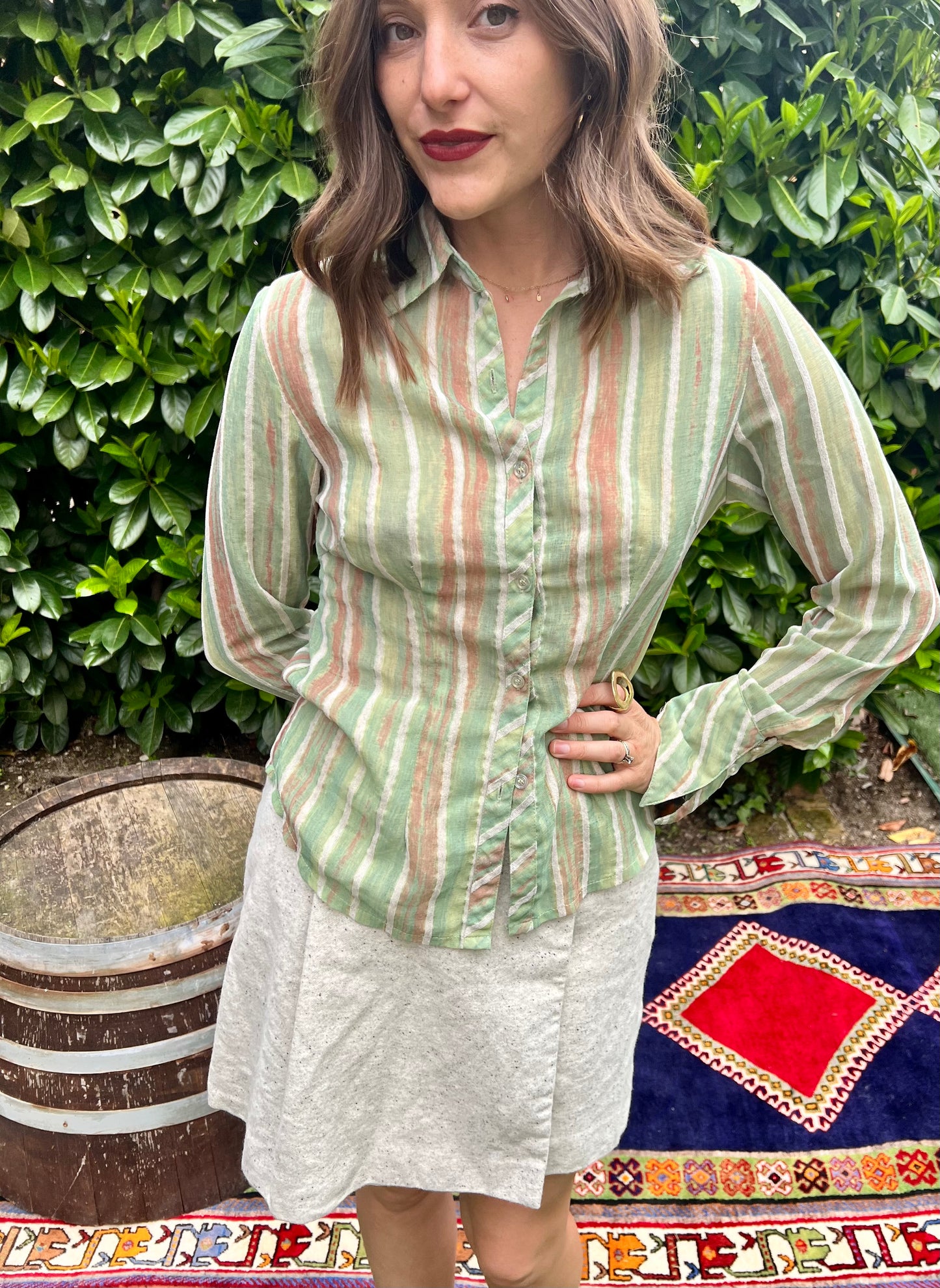 1970's vintage green and beige semi sheer textured stripe blouse